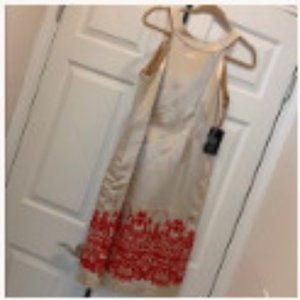 Beautiful Pale Gold Dress & Red Embroidered Trim